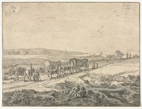 August: Landscape with Wagons by Pieter Molyn, drawing, 1655