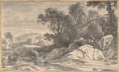 A River Landscape with Travellers by Herman van Swanevelt, drawing, 1595-1665
