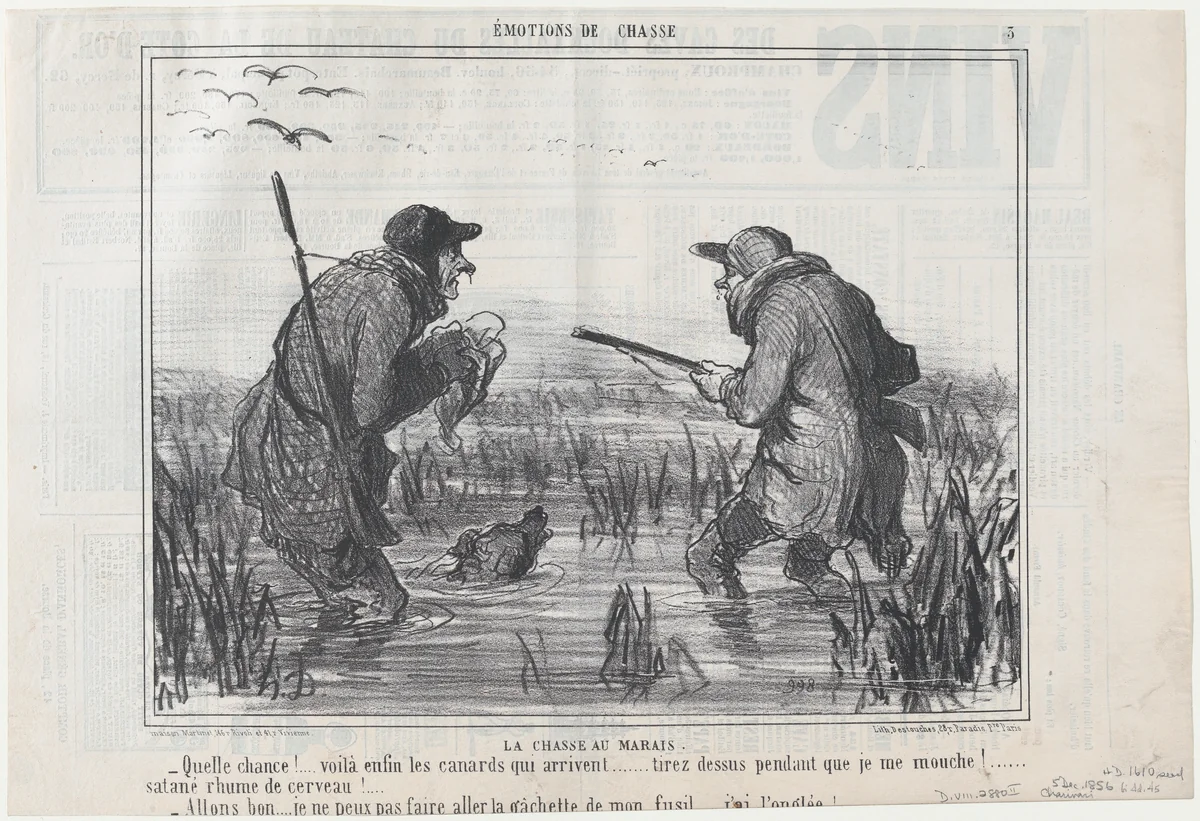 Le Chasse au Marais –Quelle Chance!..., from Émotions de Chasse, published in Le Charivari, December 5, 1856 by Honoré Daumier, print, 1856