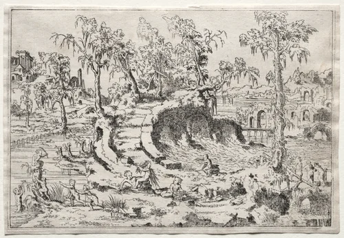 Landscape with Putti by Léon Davent, print, 1545-1555