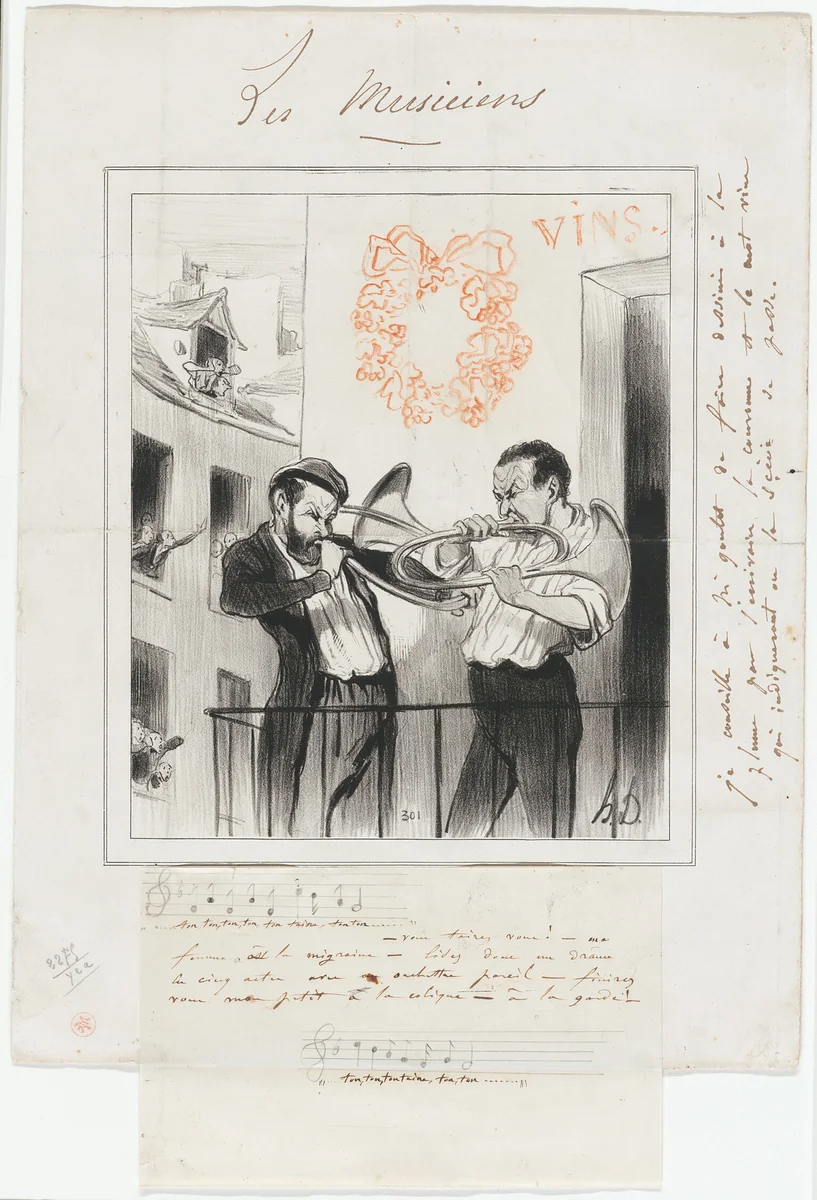 Ton, ton, ton, ton, ton, t..... “- Be quiet, my wife has a headache!. - Why don't you read a drama in five acts with a similar orchestra! - Stop it... my little one gets the colic!” Ton, ton, ton, ton, taine..., plate 2 from Les Musiciens De Paris by Honoré-Victorin Daumier, print, 1841