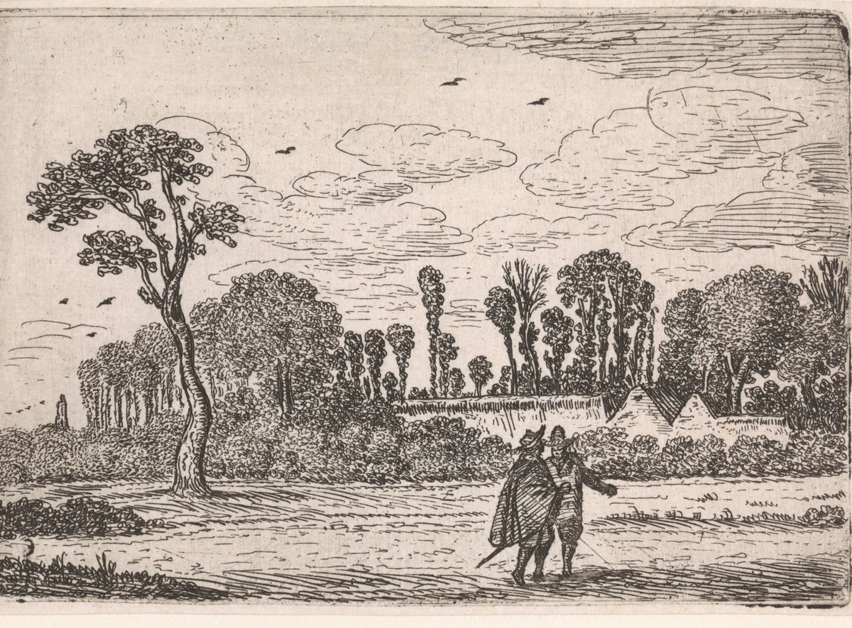 Pratende mannen op een veld met bomen en een boerderij by Herman Saftleven, print, 1627