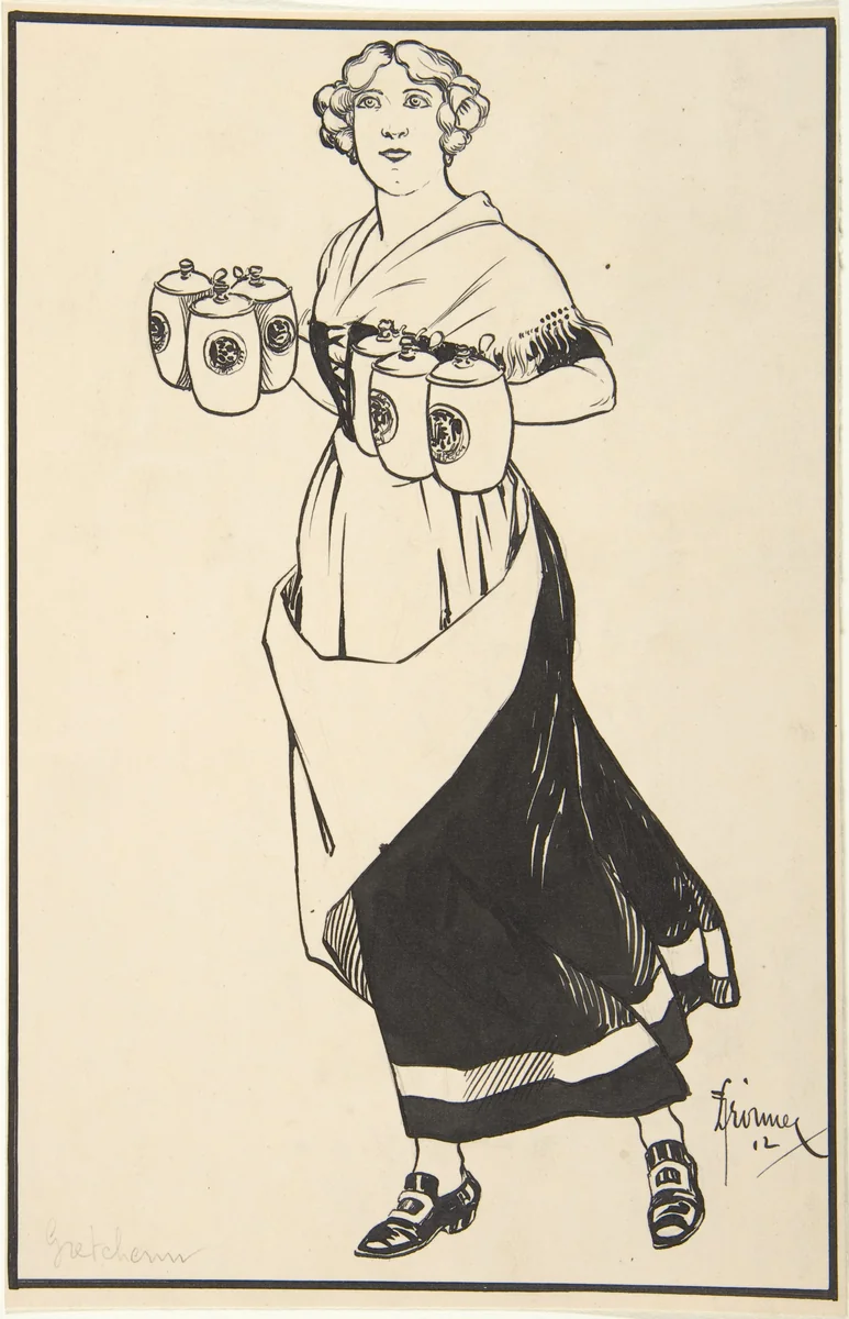Woman Carrying Beer Steins by F. Droimer, drawing, 1912