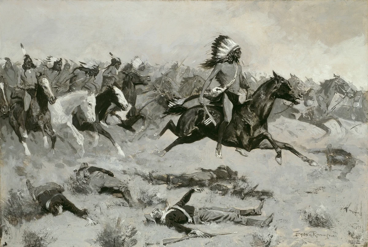Rushing Red Lodges Passed through the Line by Frederic Remington, painting, 1900