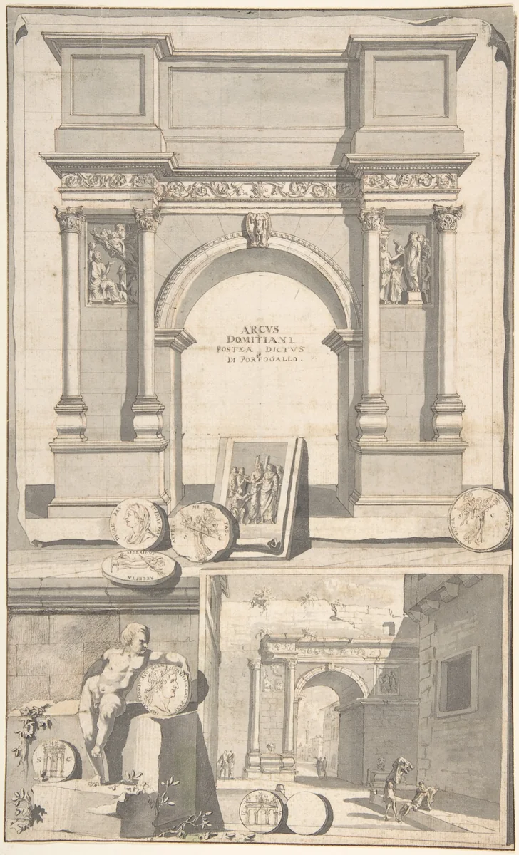 A Reconstruction of the Arch of Domitian (above) and View the Ruins (below) by Jan Goeree, drawing, 1690-1704