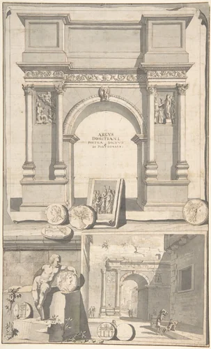 A Reconstruction of the Arch of Domitian (above) and View the Ruins (below) by Jan Goeree, drawing, 1690-1704