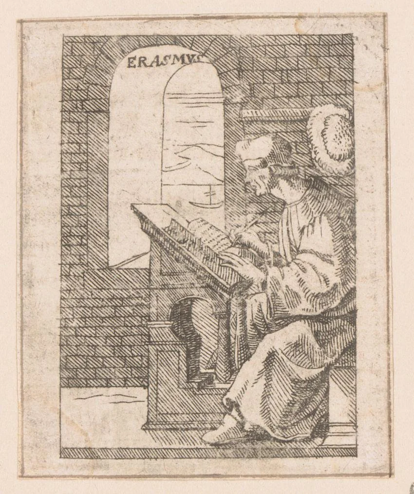 Erasmus schrijvend aan een tafel by Caspar Merian, print, 1516