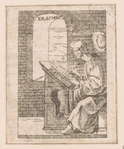 Erasmus schrijvend aan een tafel by Caspar Merian, print, 1516