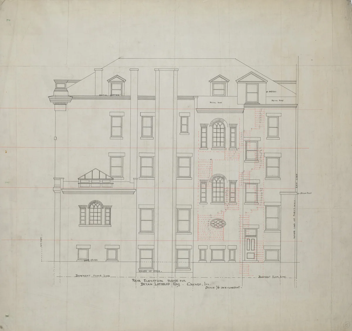 Bryan Lathrop House, Chicago, Illinois, Rear Elevation by McKim, Mead and White, drawing, 1887-1897