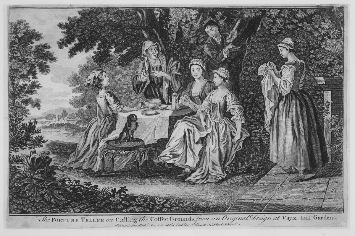 The Fortune Teller on Casting the Coffee Grounds, from an Original Design at Vaux-hall Gardens by Francis Hayman, print, 1748-1760