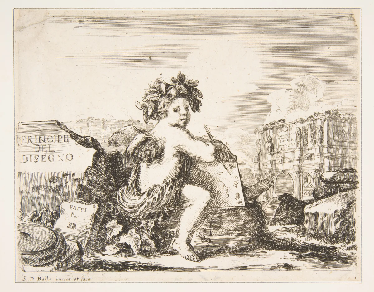Plate 1: the genius of drawing, a child with wings, seated on a rock in center turned towards the right, holding a drawing pad and pen, ruins including a triumphal arch to right in the background, the title page from 'The Principles of Design' (I principii del disegno) by Stefano della Bella, print, 1636-1648