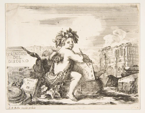 Plate 1: the genius of drawing, a child with wings, seated on a rock in center turned towards the right, holding a drawing pad and pen, ruins including a triumphal arch to right in the background, the title page from 'The Principles of Design' (I principii del disegno) by Stefano della Bella, print, 1636-1648