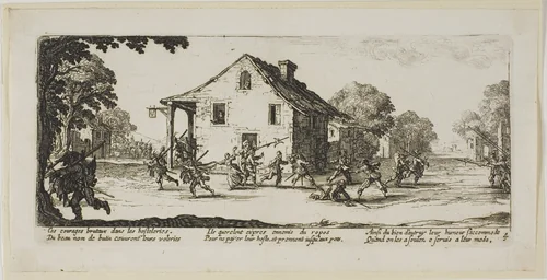 Scene of Pillage, plate four from The Large Miseries of War by Gerrit Lucasz van Schagen, print, 1612-1635