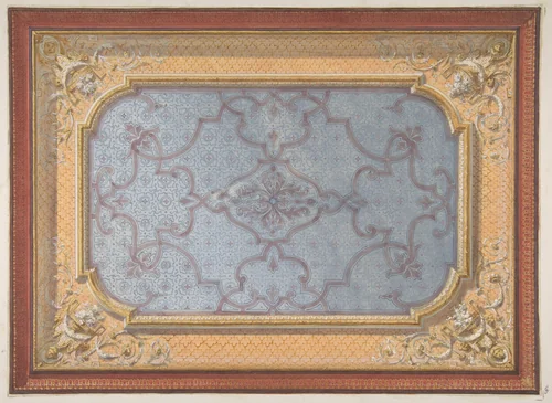 Design for the decoration of a ceiling with urns, swags, and portrait medallions in the four corners by Jules-Edmond-Charles Lachaise, drawing, 1830-1897