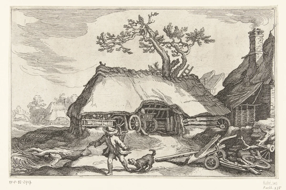 Boerderij en man en blaffende hond by Boëtius Adamsz. Bolswert, print, 1614