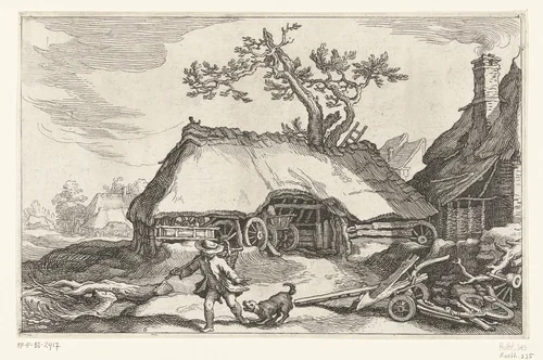 Boerderij en man en blaffende hond by Boëtius Adamsz. Bolswert, print, 1614