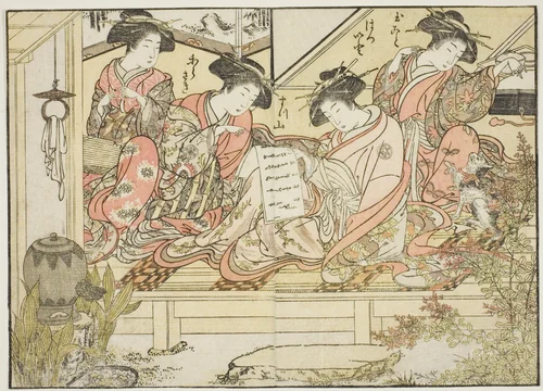 Courtesans of Matsubaya, from the book "Mirror of Beautiful Women of the Pleasure Quarters (Seiro bijin awase sugata kagami)," vol. 2 by Katsukawa Shunsho (勝川 春章), print, 1776