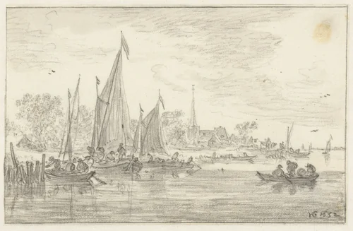 Rivieroever met drie zeilschepen by Jan van Goyen, drawing, 1652