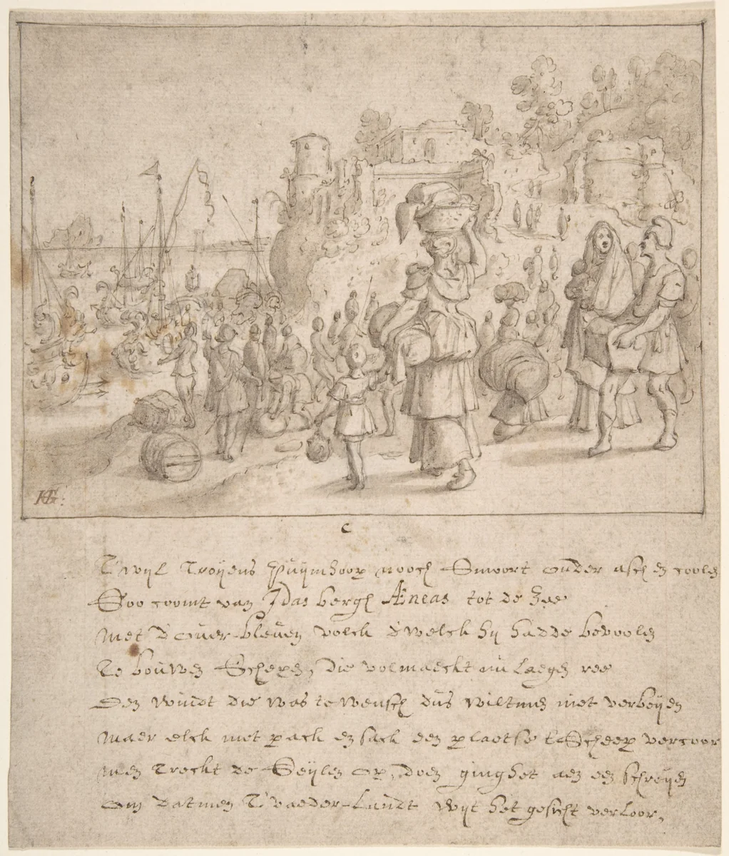 Leaving Troy by Sebastiaen Vrancx, drawing, 1593-1647