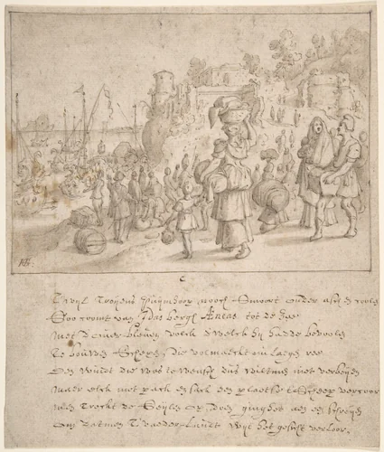 Leaving Troy by Sebastiaen Vrancx, drawing, 1593-1647