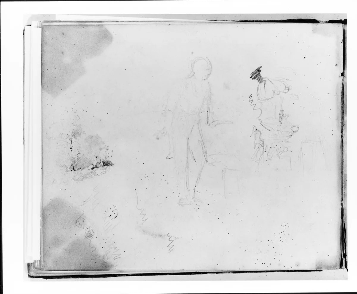 Three Studies: Standing Figure Facing Left; Interior with Figures and a Dog; Landscape (from Sketchbook) by Francis William Edmonds, artwork, 1835-1839