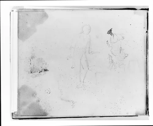 Three Studies: Standing Figure Facing Left; Interior with Figures and a Dog; Landscape (from Sketchbook) by Francis William Edmonds, artwork, 1835-1839