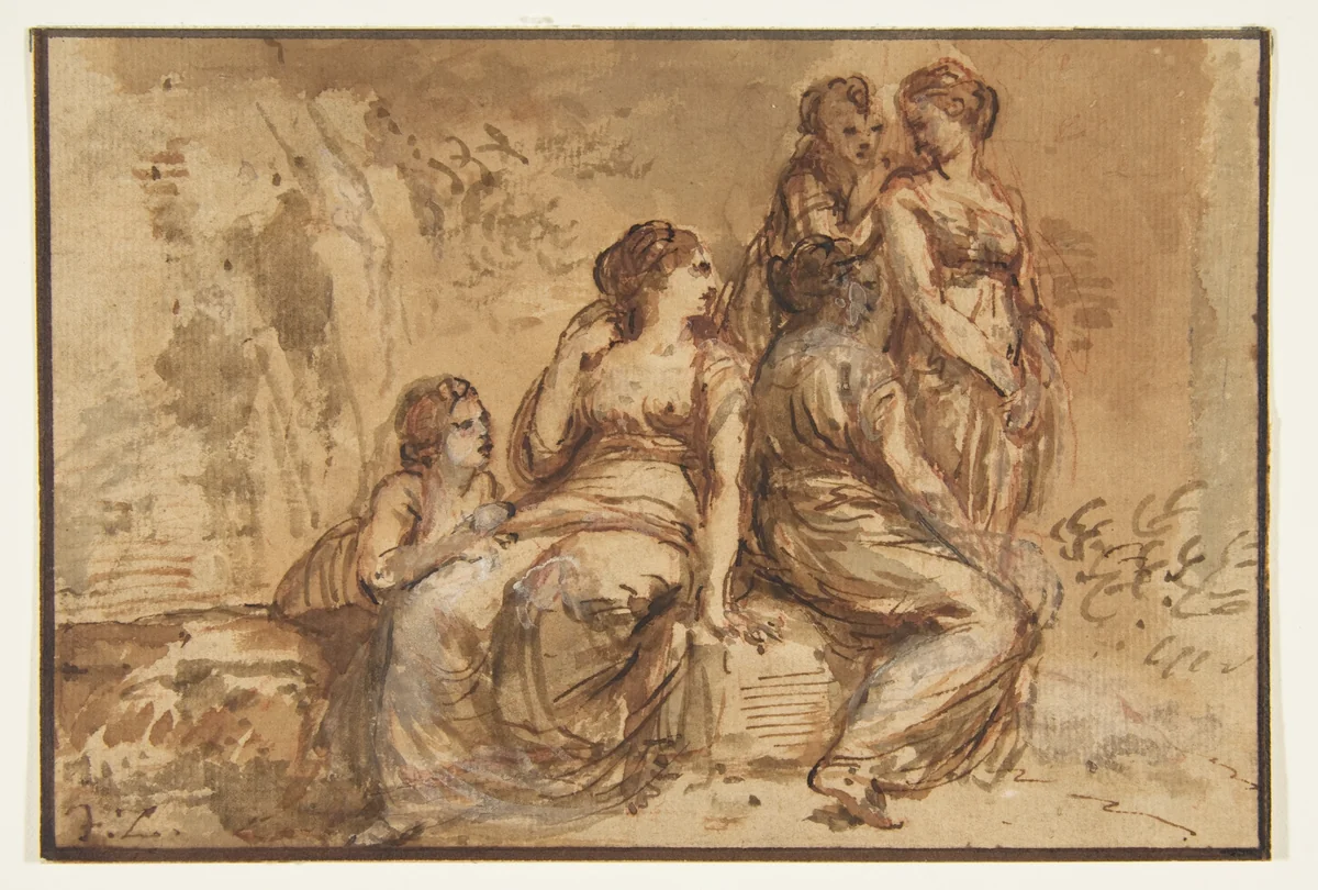 Five Young Women in a Landscape by Francesco Zuccarelli, drawing, 1702-1788