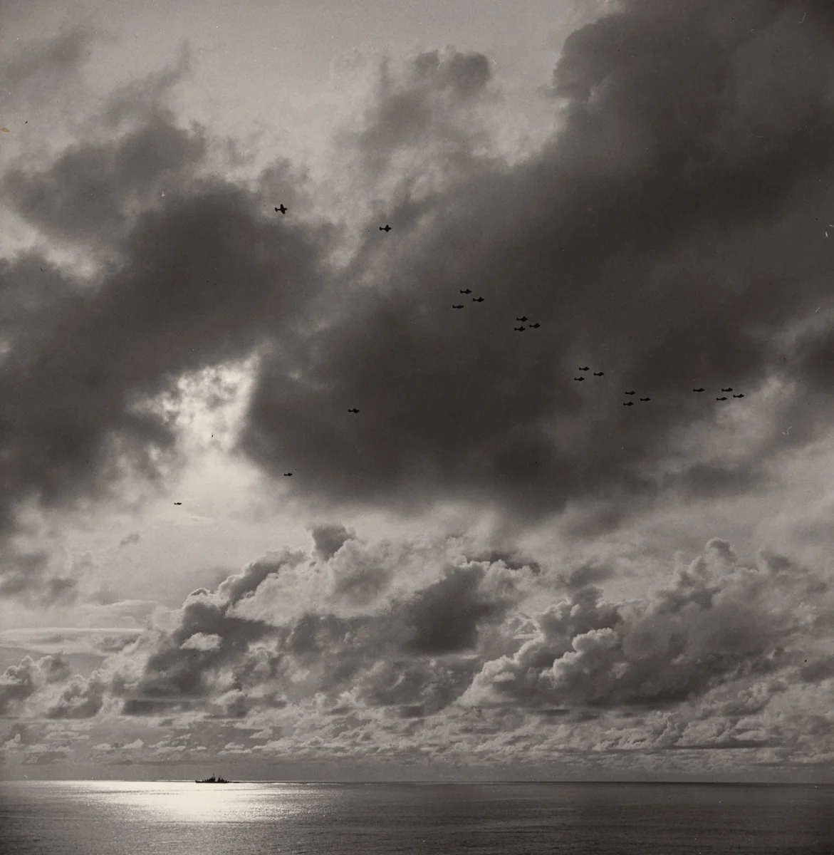 Carrier Fighters Precede Dive-Bombers in Takeoff to Circle Protectively above the Carrier by Wayne Miller, photograph, 1943