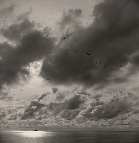 Carrier Fighters Precede Dive-Bombers in Takeoff to Circle Protectively above the Carrier by Wayne Miller, photograph, 1943