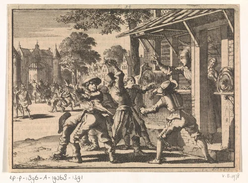 Huizen van contraremonstranten te Schoonhoven worden aangevallen en met vuil besmeurd, 1617 by Jan Luyken, print, 1698