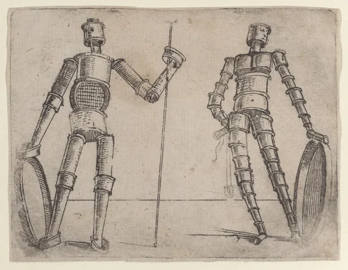 Plate 20: two figures composed of pipes and sieves from 'Bizzarie di varie figure' by Giovanni Battista Bracelli, print, 1624
