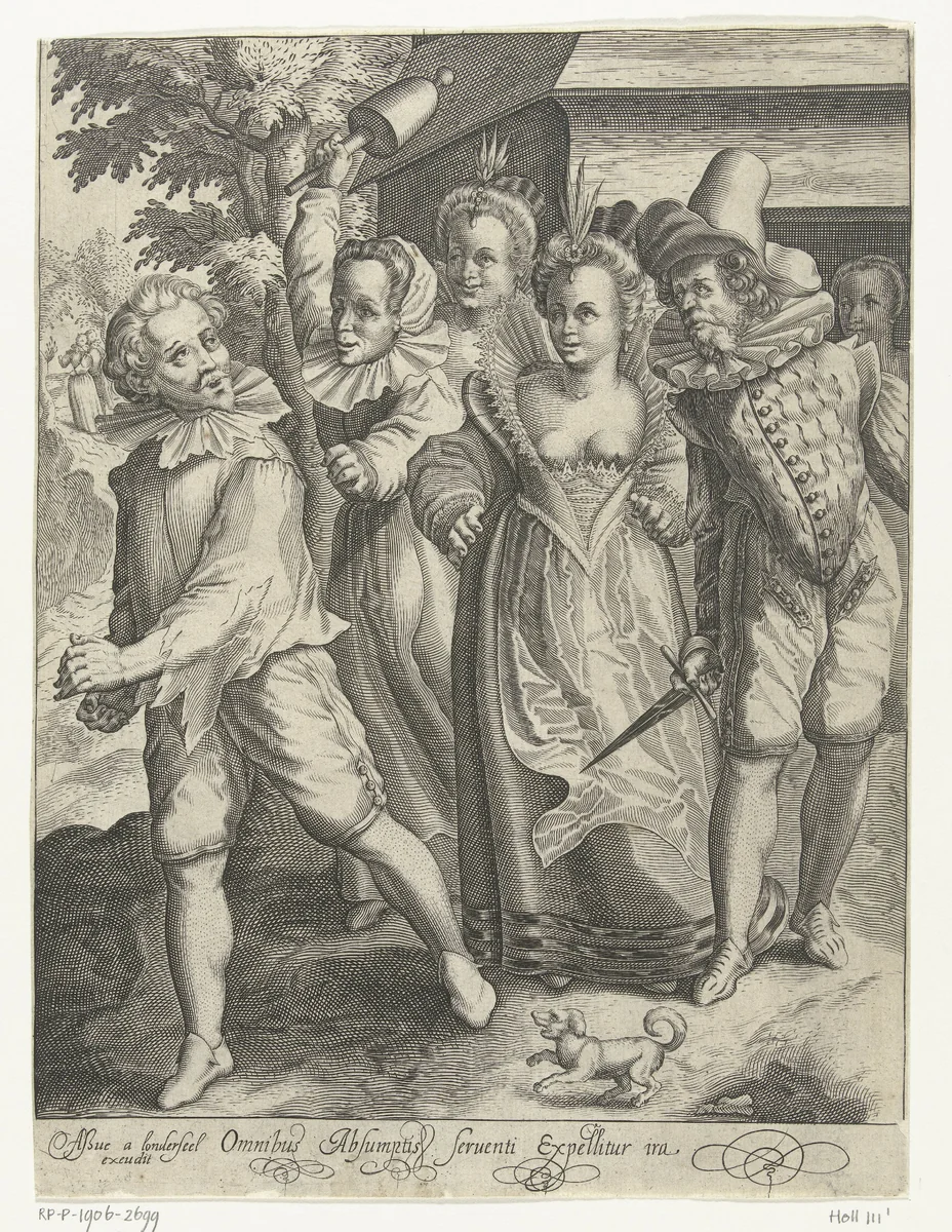 De verloren zoon heeft zijn geld verspild en wordt  weggejaagd by Nicolaes de Bruyn, print, 1581-1656