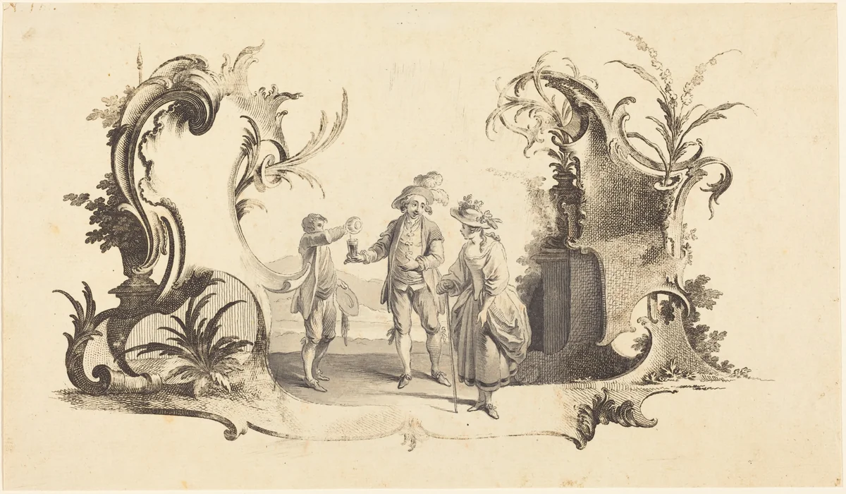 Cartouche Moderne with a Young Couple Being Served Wine by Johann Esaias Nilson, print, 1721-1788