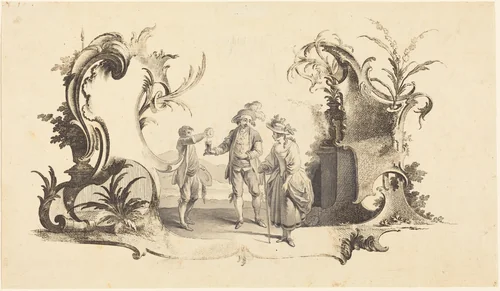 Cartouche Moderne with a Young Couple Being Served Wine by Johann Esaias Nilson, print, 1721-1788