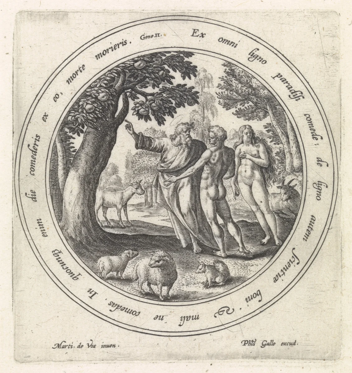 De verzoeking van Adam en Eva in het paradijs by Crispijn van de Passe, print, 1580-1588