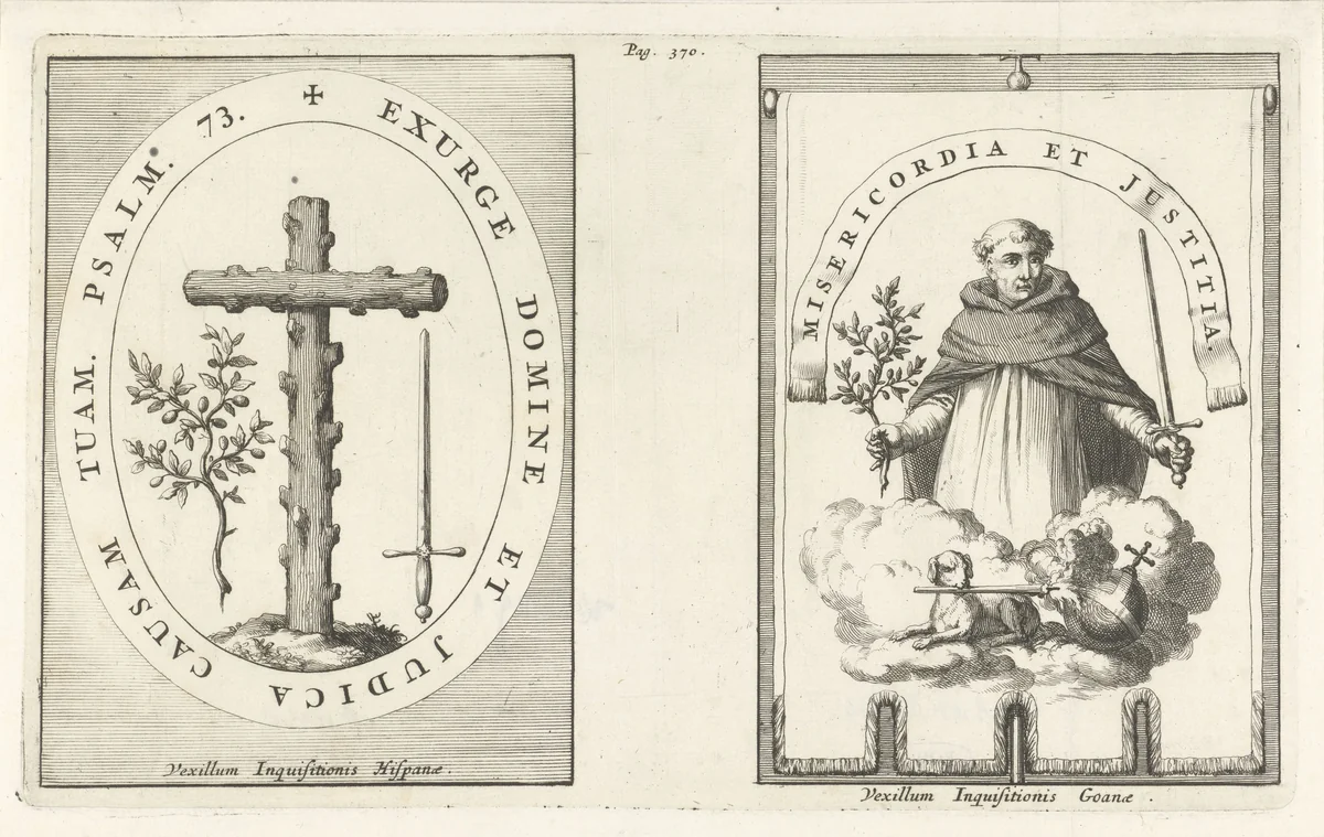 Embleem van de Spaanse Inquisitie / Embleem van de Portugese Inquisitie in Goa by Jan Luyken, print, 1692
