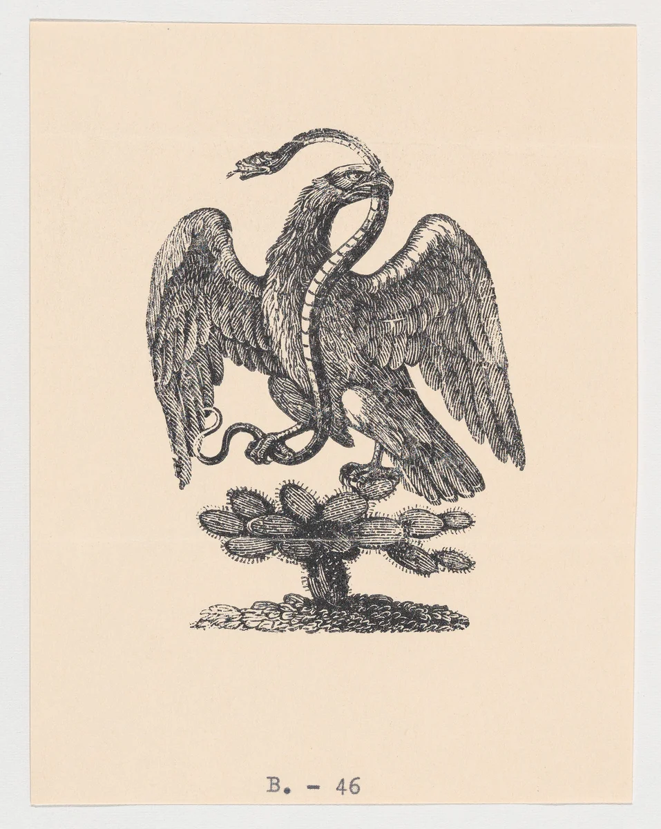 An eagle resting on a cactus holding a snake in its beak (from the Mexican coat of arms) by anonymous, print, 1900-1910