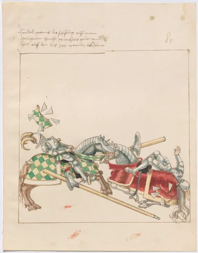 Mock Joust of War with Flying and Exploding Shields by German 16th Century, drawing, 1515