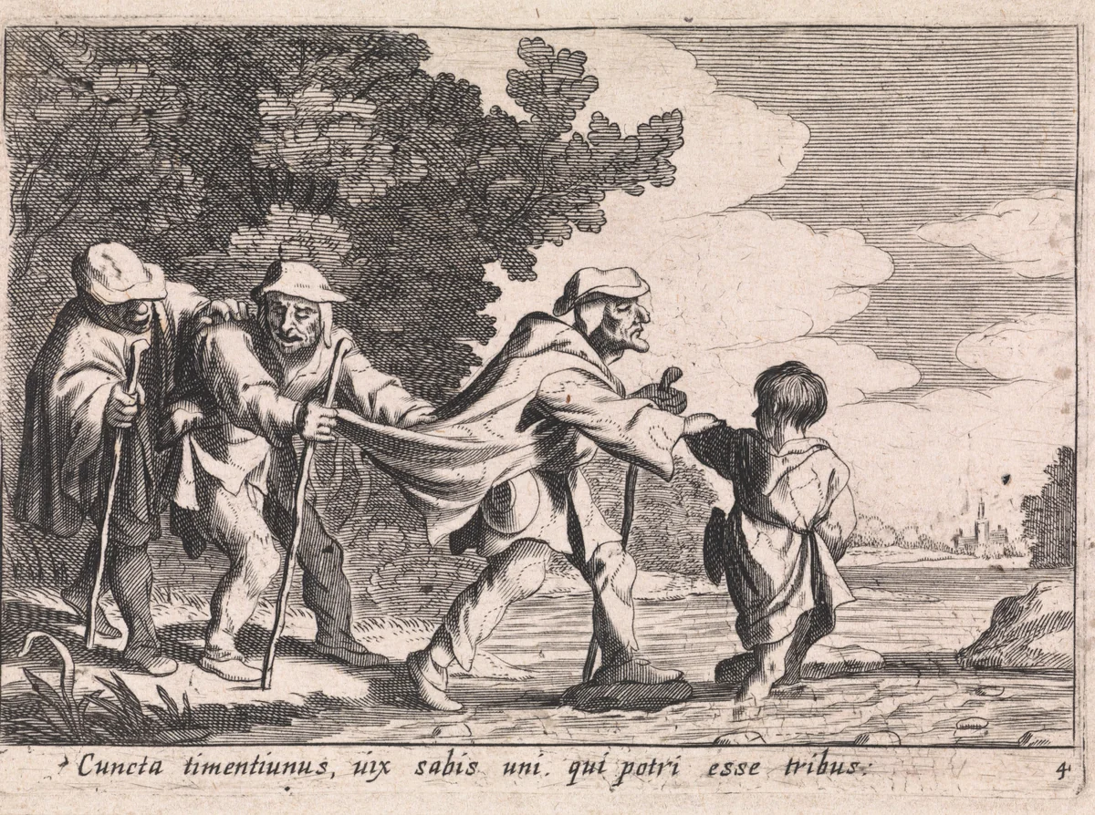 Jongen leidt drie blinden by anonymous, print, 1629