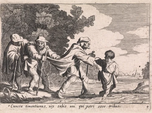 Jongen leidt drie blinden by anonymous, print, 1629