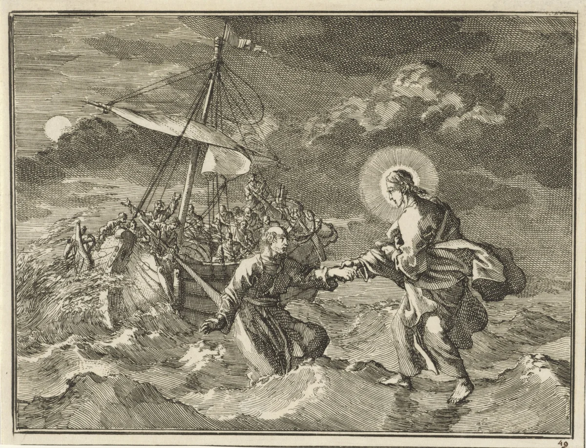 Petrus loopt op het water naar Christus by Jan Luyken, print, 1712