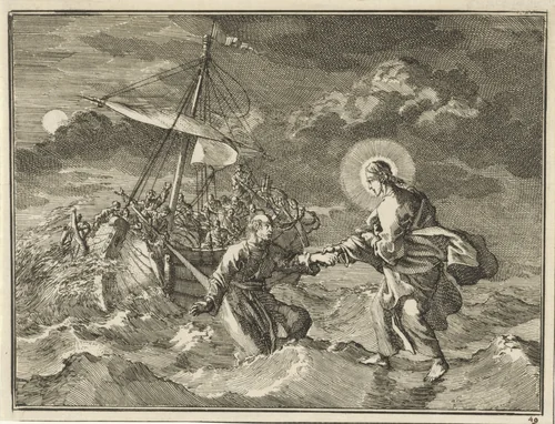 Petrus loopt op het water naar Christus by Jan Luyken, print, 1712