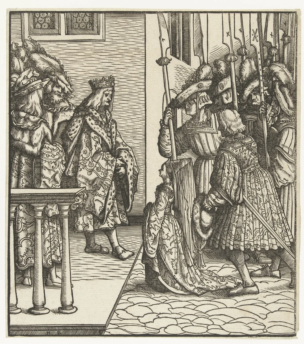 Margaretha van Oostenrijk wordt teruggegeven aan haar vader Maximiliaan by Unknown, print, 1512-1516