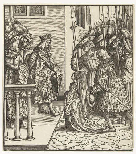 Margaretha van Oostenrijk wordt teruggegeven aan haar vader Maximiliaan by Unknown, print, 1512-1516