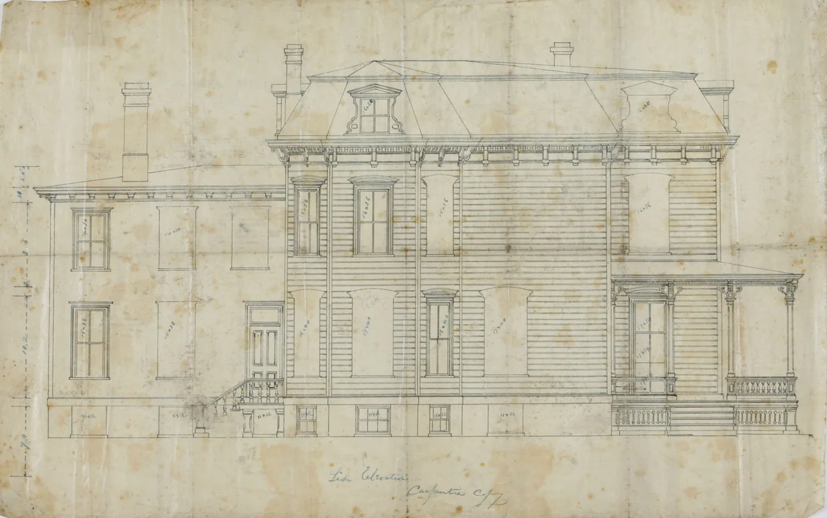 Charles R. Larrabee House, Chicago, Illinois, Side Elevation by Edward Burling, drawing, 1863-1864