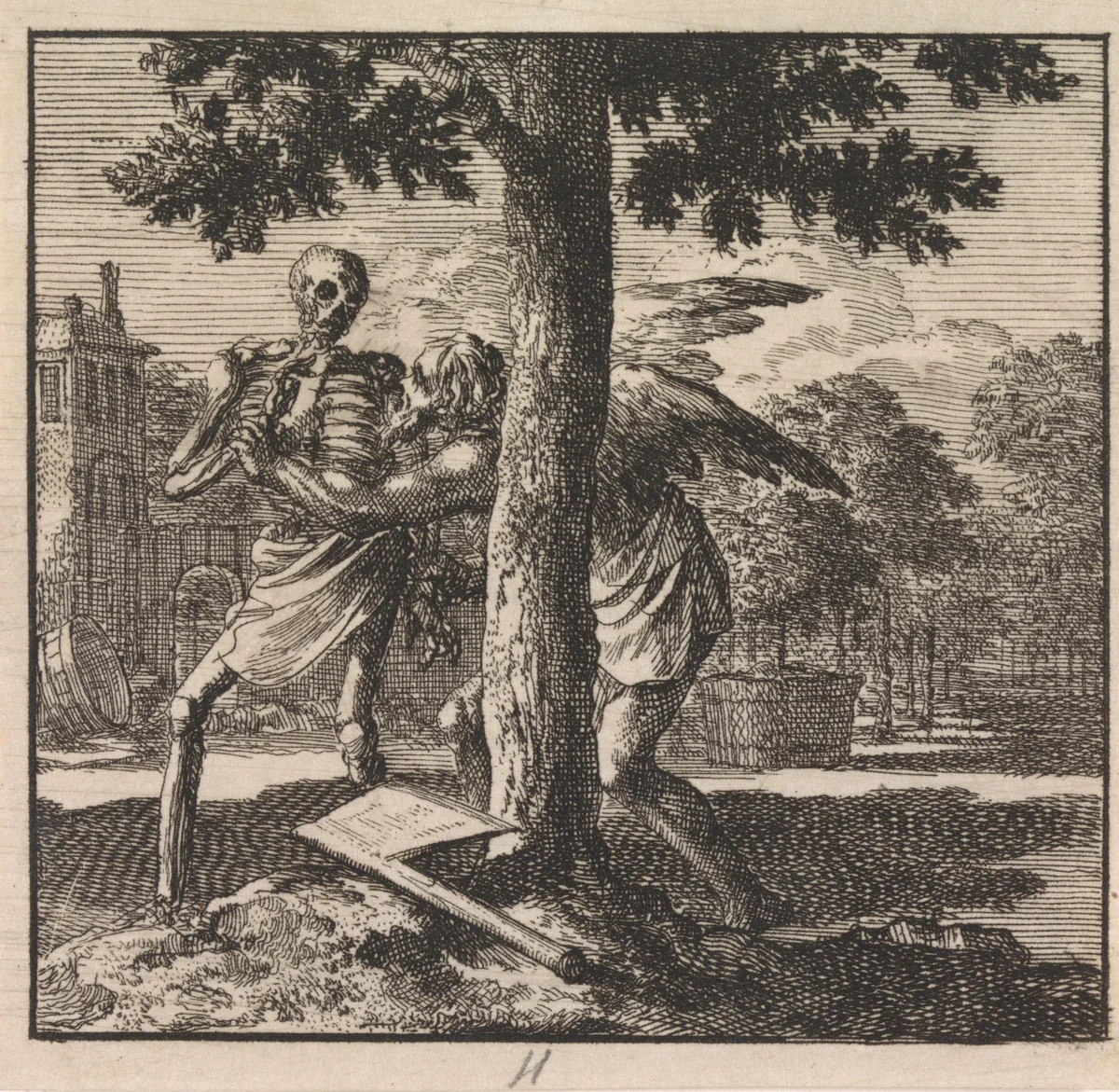 Vader Tijd weerhoudt de dood ervan een boom om te hakken by Jan Luyken, print, 1710