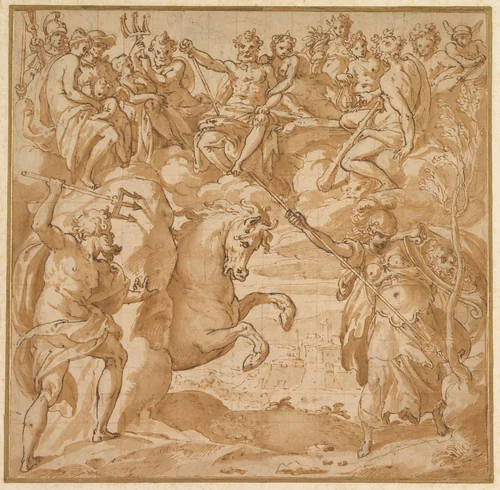 The Contest Between Athena and Poseidon for the Possession of Athens by Cesare Nebbia, drawing, 1570-1579