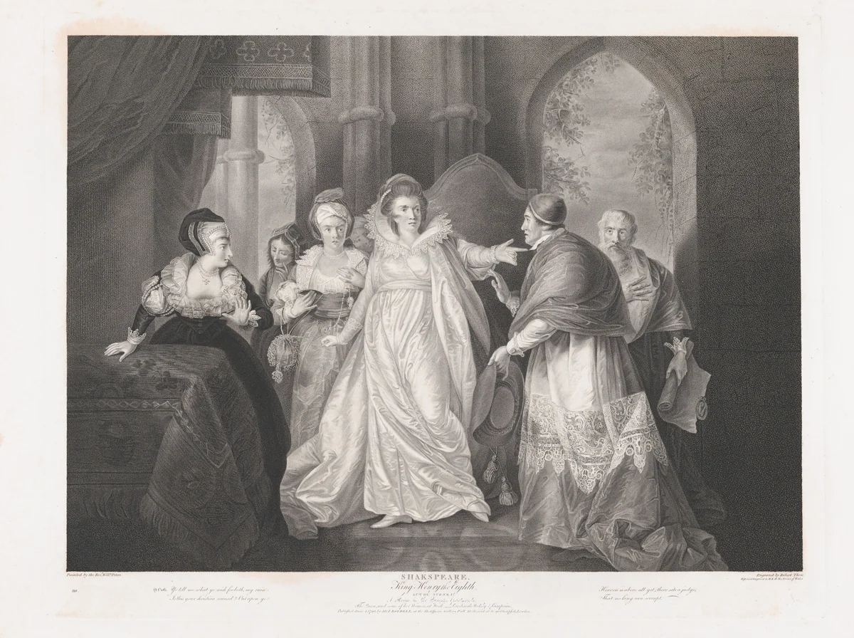 Queen Catherine, Cardinal Wolsey and Cardinal Campeius (Shakespeare, King Henry VIII, Act 3, Scene 1) by Robert Thew, print, 1796