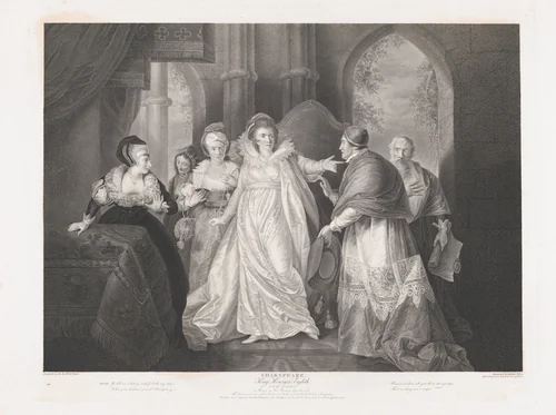Queen Catherine, Cardinal Wolsey and Cardinal Campeius (Shakespeare, King Henry VIII, Act 3, Scene 1) by Robert Thew, print, 1796