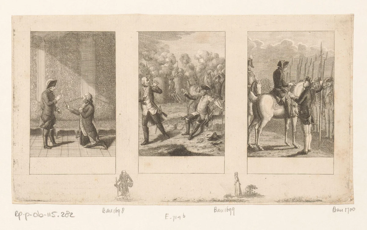 Drie voorstellingen uit de Anekdoten van Frederik de Grote by Daniel Nikolaus Chodowiecki, print, 1793